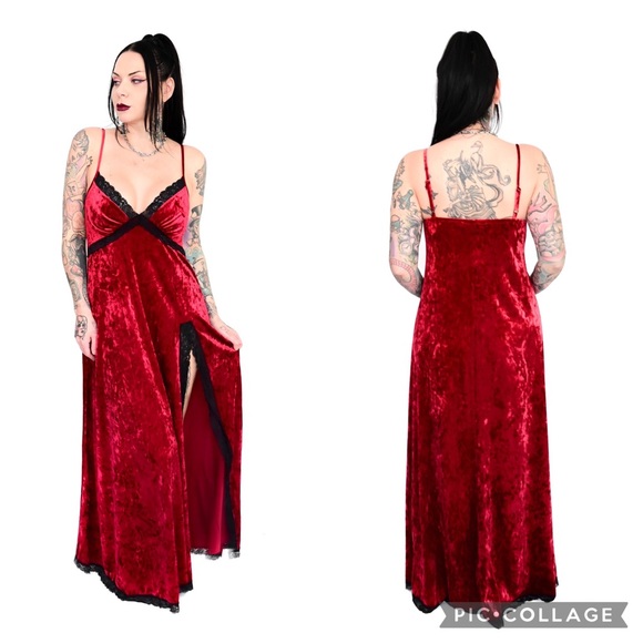 Foxblood Dresses & Skirts - Foxblood Miss World Blood Red Velour Maxi Dress Black Lace Daring Slit XL